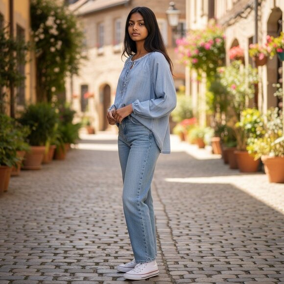 Vintage America Chambray Top Women's XL Blue Embroidered Peasant Boho Western - Picture 2 of 8
